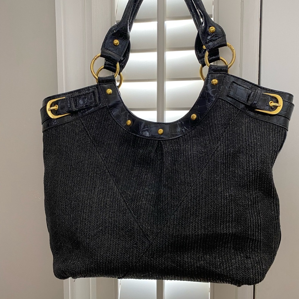 Elegant Black Shoulder Tote with Gold Accents